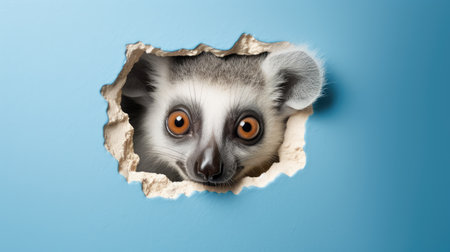 Ring-tailed lemur peeking out of hole in blue paperの素材