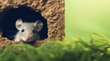 Cute white rat peeks out of a hole in the groundの素材