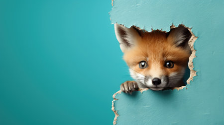 Cute fox peeking out of hole in blue wall. Copy spaceの素材