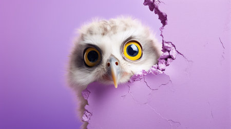 Cute owl peeking out of hole in purple wall, closeupの素材