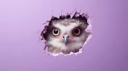 Owl looking through a hole in a purple paper, 3d illustrationの素材
