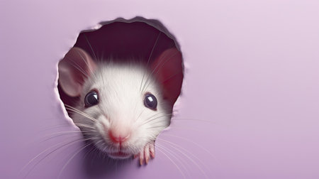 White rat peeks out of a hole in a purple paper.の素材