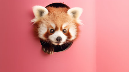 Red panda looks out of a hole in a pink wall.の素材