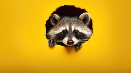 Cute raccoon peeking through hole in yellow paper background.の素材