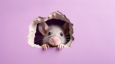 White rat peeking out of hole in purple paper. Concept of rodent pest controlの素材