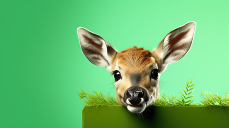 Funny little deer with green grass on green background, closeupの素材