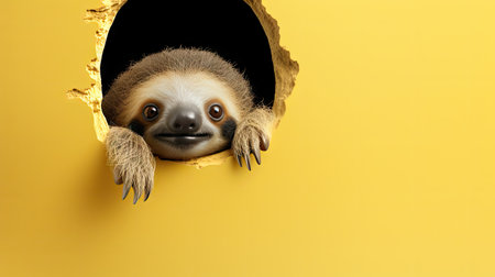Cute sloth peeking through a hole in a yellow wallの素材