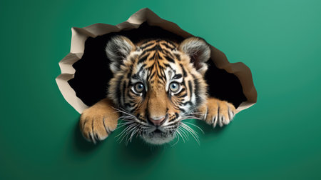 Tiger peeking out of hole in green paper. 3D illustration.の素材