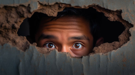 Portrait of a young boy looking through a hole in the wallの素材