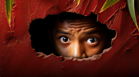 Surprised man peeking through hole in red wall. Halloween conceptの素材