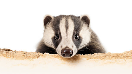 Badger looking through hole in paper isolated on a white background.の素材