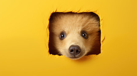 pomeranian dog peeking out of a hole in yellow paperの素材