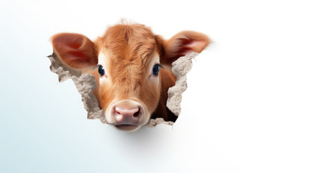 Portrait of a brown calf looking through hole in white paper.の素材
