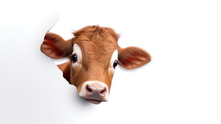 Cute brown cow peeking out of a hole in white paperの素材