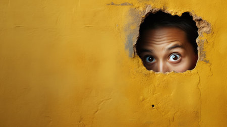 Surprised young woman peeking through hole in yellow wall.の素材