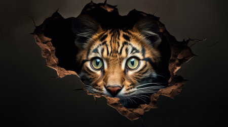 Tiger peeking out of hole in paper. Black background.の素材