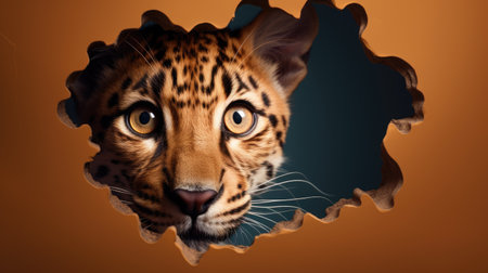 Tiger looking through a hole in brown paper, 3d illustrationの素材