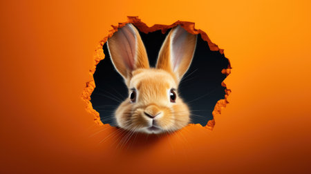rabbit peeking out of hole in orange background. 3d renderingの素材