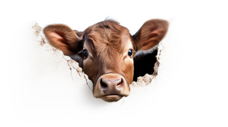 Cute brown calf peeking through hole in paper isolated on white backgroundの素材