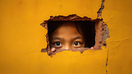 Little girl peeking through a hole in a yellow wall looking through the holeの素材