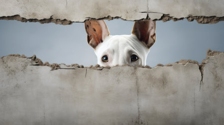 Bull terrier peeking through a hole in a wall looking outの素材
