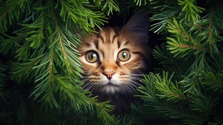 Cute Maine Coon kitten peeking out of a green Christmas tree.の素材