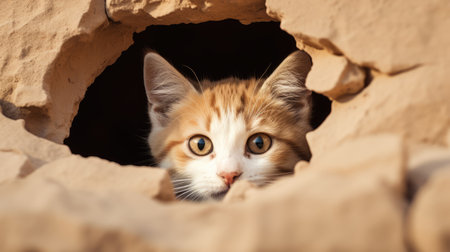 Cute ginger kitten peeking out of hole in brown paper.の素材