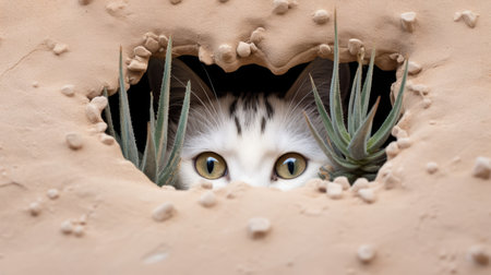 Cute cat peeking out of a hole in the wall.の素材