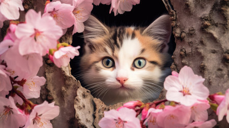 Cute kitten looking through a hole in a tree with pink flowersの素材