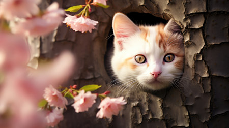 Cute kitten looking out of a hole in a tree with pink flowersの素材