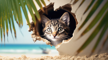 Cute tabby kitten peeking out of hole in paper on the beachの素材
