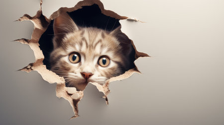 Cute cat peeking through a hole in paper. Animal concept.の素材