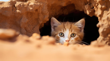 Cute ginger kitten peeking out of hole in the sand.の素材