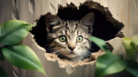 Cute cat looking through hole in paper wall with green leaves.の素材