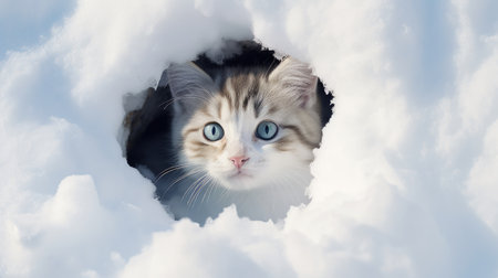 Portrait of a cute kitten in a hole in the clouds.の素材
