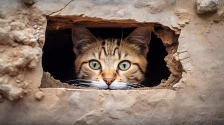 Portrait of a bengal cat in a hole in the wallの素材