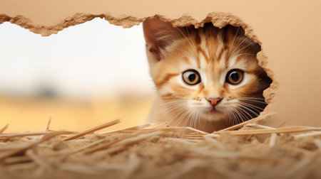 Cute ginger kitten peeking out of hole in straw. Adorable pet looking through hole in straw.の素材
