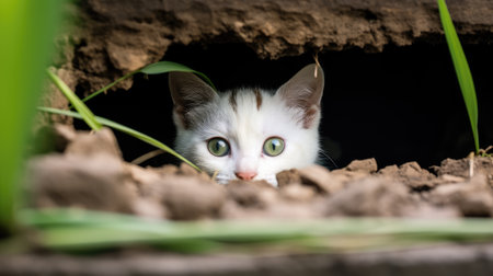 Cute little kitten hiding in the hole with green grass background.の素材