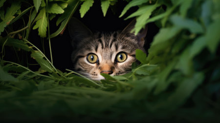 Beautiful tabby cat hiding behind green leaves on black background.の素材