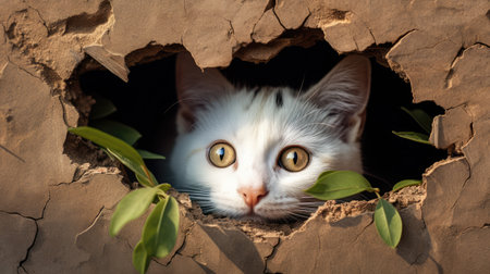 White cat peeking out of hole in the wall with green leavesの素材