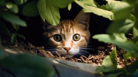 Cute ginger cat peeking out of hole in green leaves.の素材