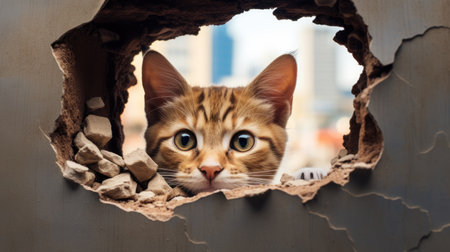 Cute bengal cat peeking out of hole in wallの素材