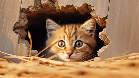 Cute ginger kitten looks out of a hole in the wall.の素材