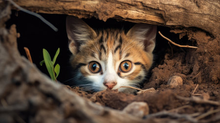 Cute little kitten hiding in a hole in the ground. Animal theme.の素材