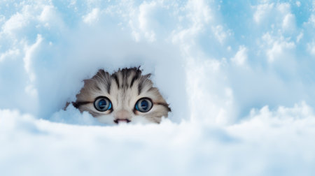 Cute little kitten peeking out of a hole in the snowの素材