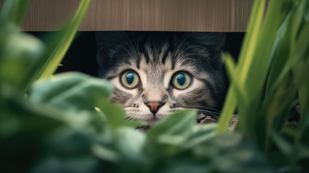 Cute tabby cat hiding in the grass. Selective focus.の素材