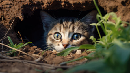 Cute little kitten hiding in hole. Selective focus on eyes.の素材