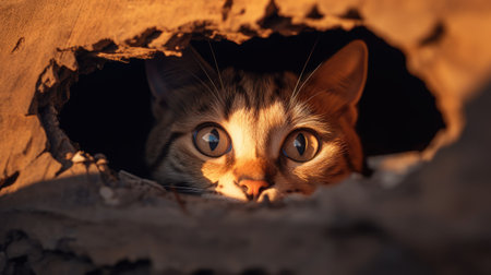 Cute cat peeking out from hole in the wall looking at cameraの素材