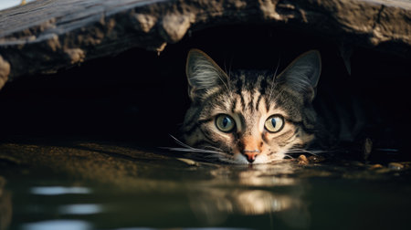 Cute tabby cat looking up at the camera in the waterの素材