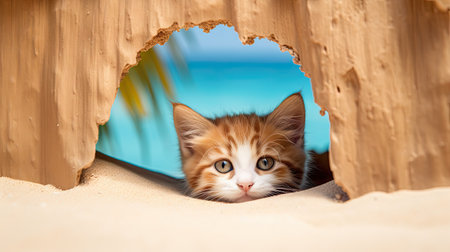 Cute ginger kitten peeking out of hole in a wooden houseの素材